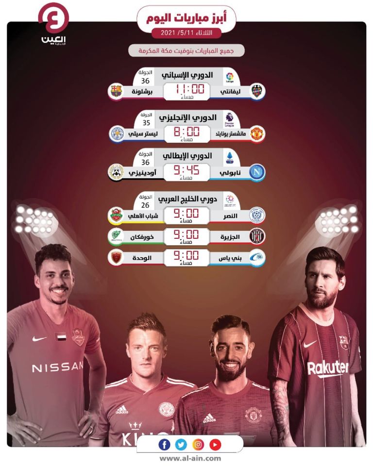 مباريات اليوم الثلاثاء 11 مايو 2021 والقنوات الناقلة