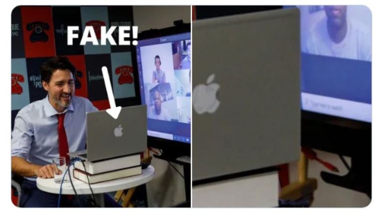 صورة توضح أن شعار "تفاحة أبل" ليس أصليا ولكنه مجرد ملصق جاستن ترودو رئيس وزراء كندا أثناء فيديو كنفر