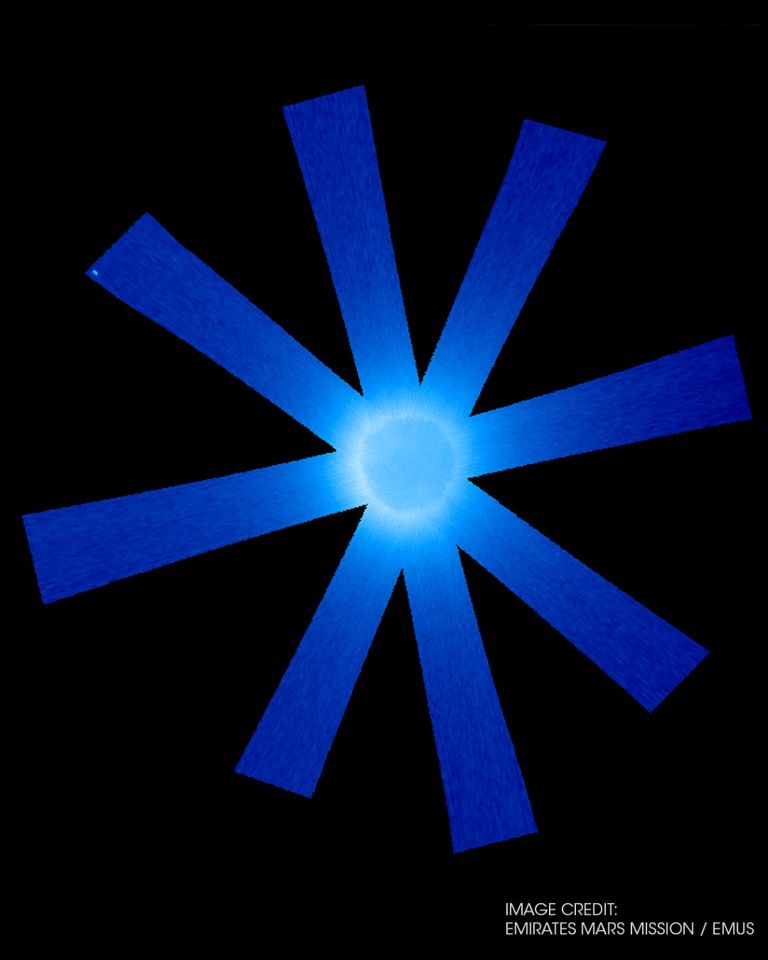 تم الحصول على هذه الصورة بواسطة المقياس الطيفي للأشعة فوق البنفسجية "EMUS" في 10 مايو 2021، وتظهر فيها أشعة الشمس المنعكسة عن سحابة الهيدروجين الذري المحيط بكوكب المريخ، الذي يظهر في المركز فقط كقرص مظلم مخفي في أعماق الضباب. يتكون الهيدروجين الذري نتيجة عملية انقسام جزيئات الماء بواسطة ضوء الشمس ومن ثم ينتشر إلى الغلاف الجوي العلوي ويتلاشى بعضه للفضاء