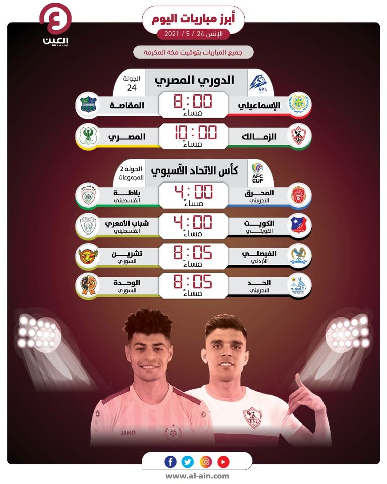 مواعيد مباريات اليوم الإثنين 24 مايو 2021 والقنوات الناقلة الزمالك المصري
