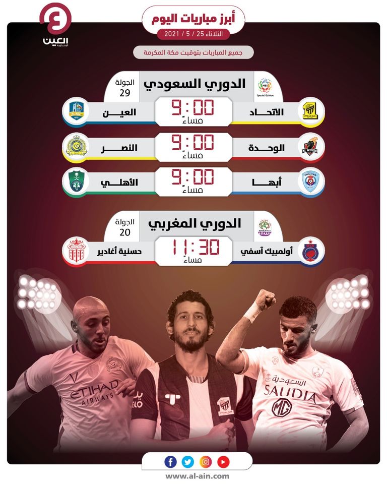 مواعيد مباريات اليوم الثلاثاء 25 مايو 2021 والقنوات الناقلة فريق الاتحاد السعودي