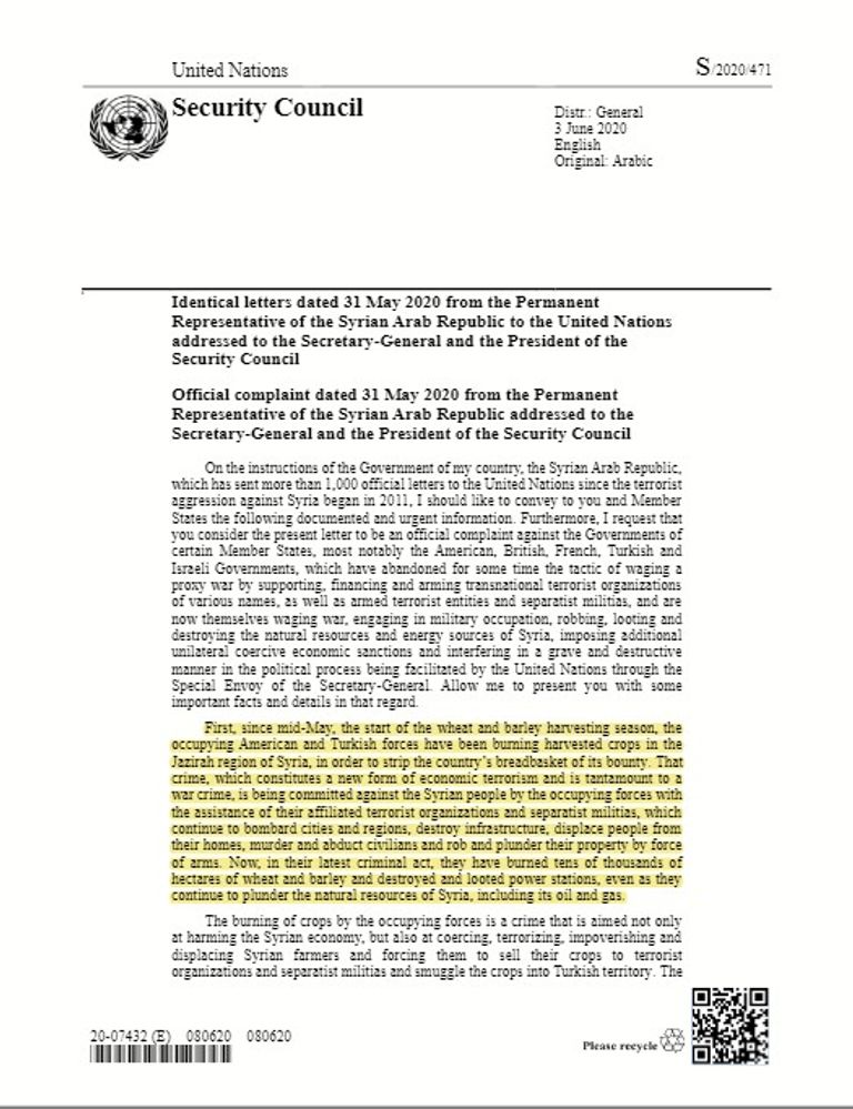 رسالة السفير السوري تتهم تركيا بنهب المزارع السورية