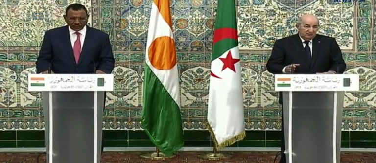جانب من المؤتمر الصحفي لرئيسي الجزائر عبد المجيد تبون والنيجر محمد بازوم جانب من مباحثات رئيسي الجزائر عبد المجيد تبون والنيجر محمد بازوم