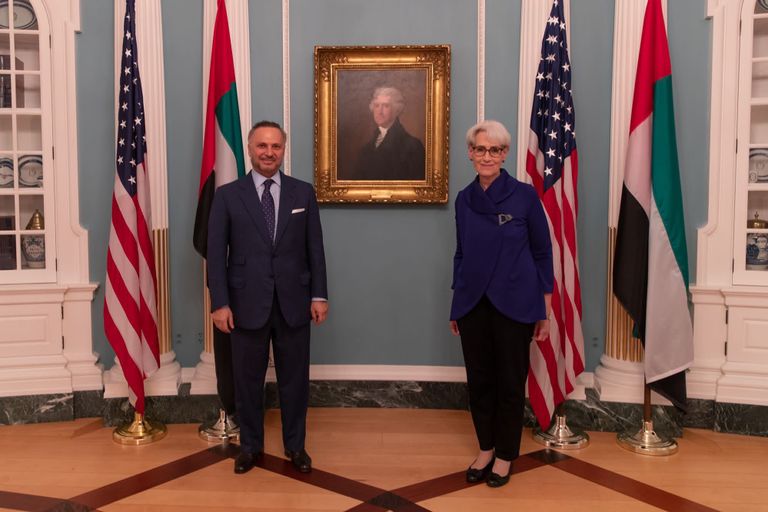 الوفد الدبلوماسي برئاسة الدكتور أنور قرقاش في طريقه لأحد اللقاءات