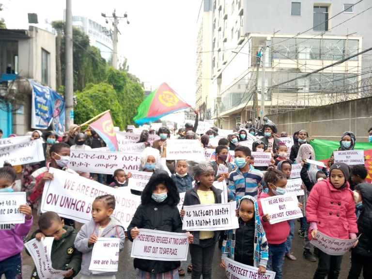 جانب من مظاهرة اللاجئين الإريتريين بالعاصمة الإثيوبية 