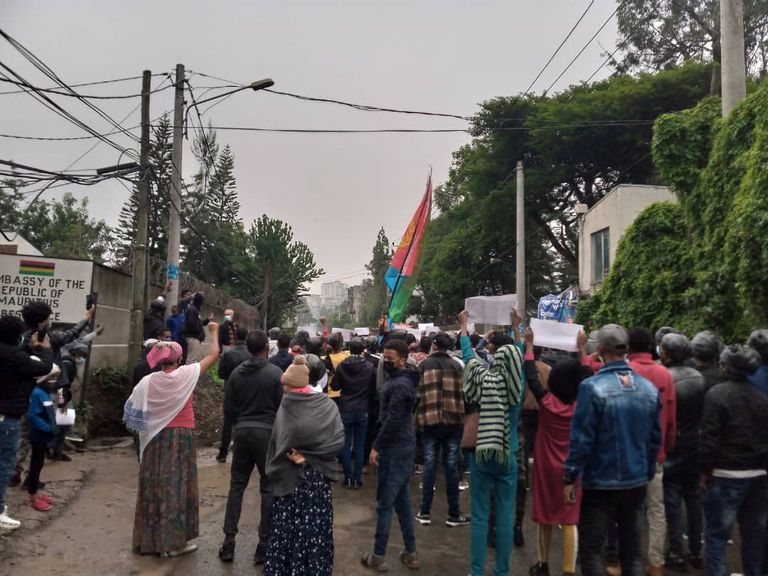 جانب من مظاهرة اللاجئين الإريتريين بالعاصمة الإثيوبية 