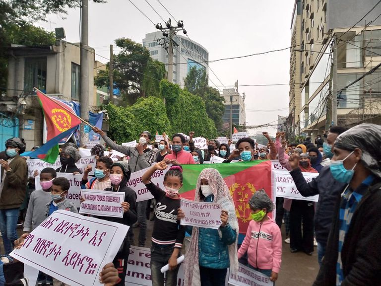 جانب من مظاهرة اللاجئين الإريتريين بالعاصمة الإثيوبية 