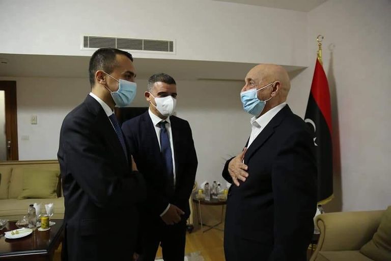 لقاء دي مايو وعقيلة صالح المشير حفتر ووزير الخارجية الإيطالي