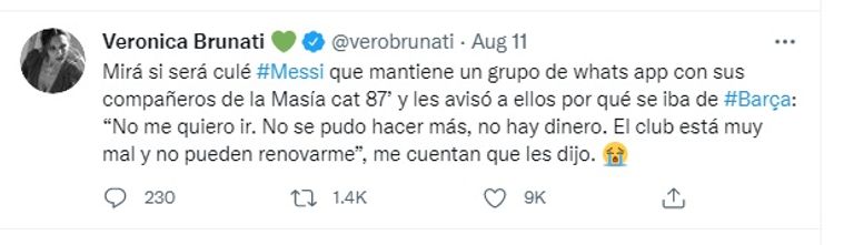 تغريدة الصحفية فيرونيكا ليونيل ميسي قائد برشلونة السابق