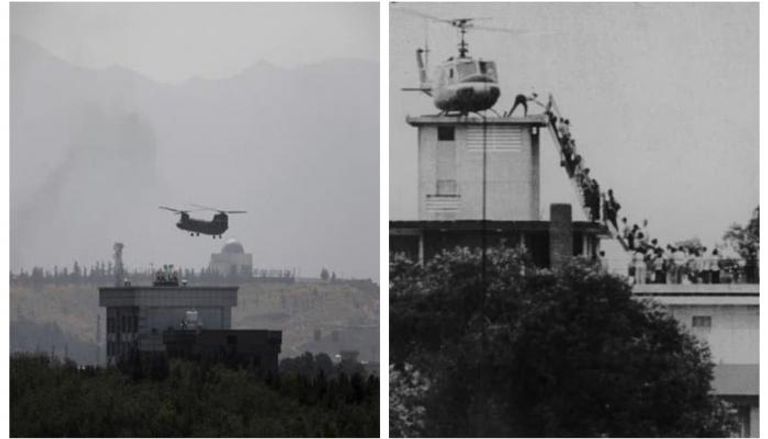 طائرة أمريكية فوق السفارة بأفغانستان (يسار) مثلما كانت بفيتنام (يمين)
