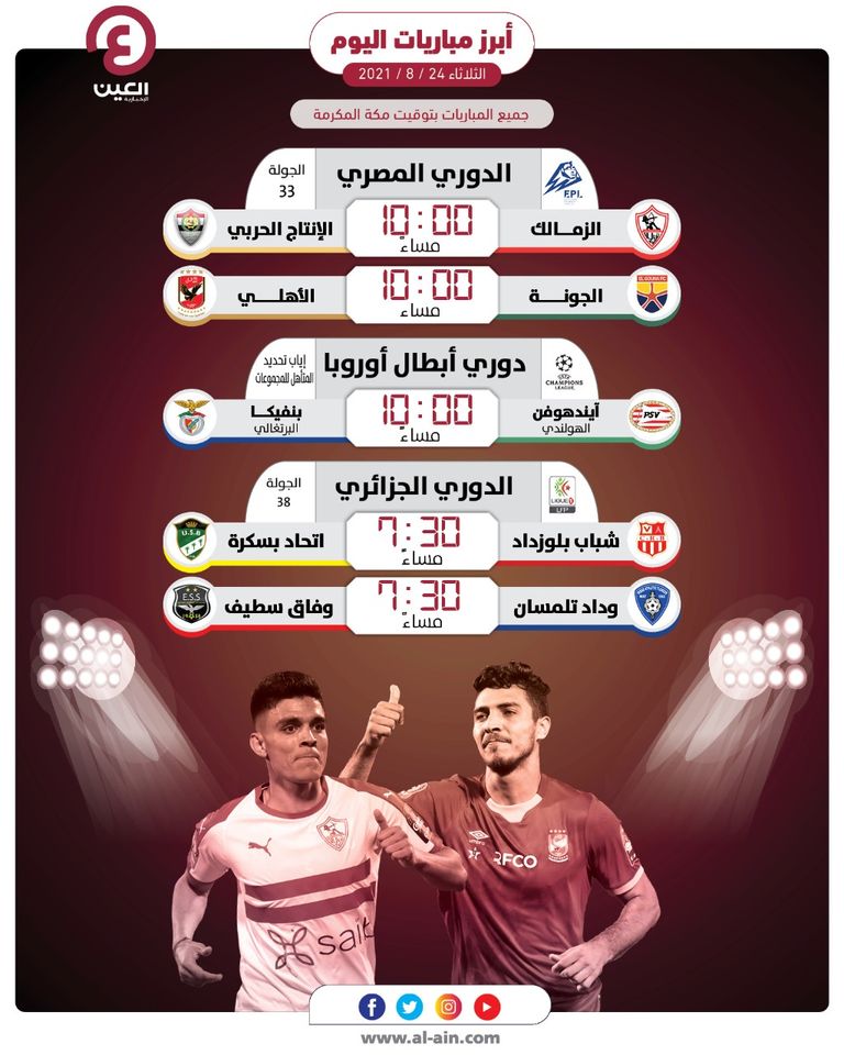 مواعيد مباريات اليوم الثلاثاء 24 أغسطس 2021 والقنوات الناقلة فريق الزمالك
