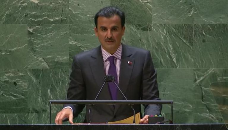 أمير قطر الشيخ تميم بن حمد آل ثاني خلال كلمته بالأمم المتحدة