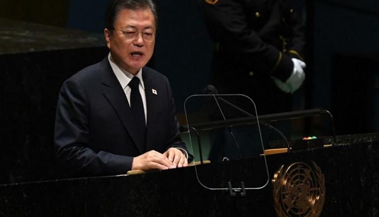 رئيس كوريا الجنوبية مون جاي-إن خلال كلمته بالأمم المتحدة-أ.ف.ب