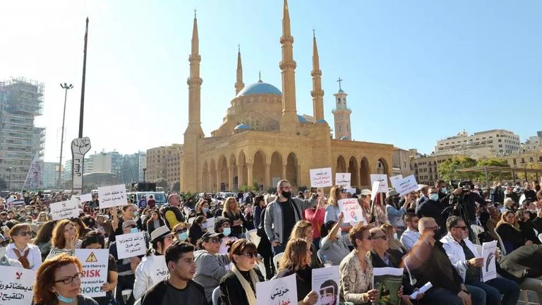 جانب من الاعتصام في بيروت ضد إلزامية لقاح كورونا