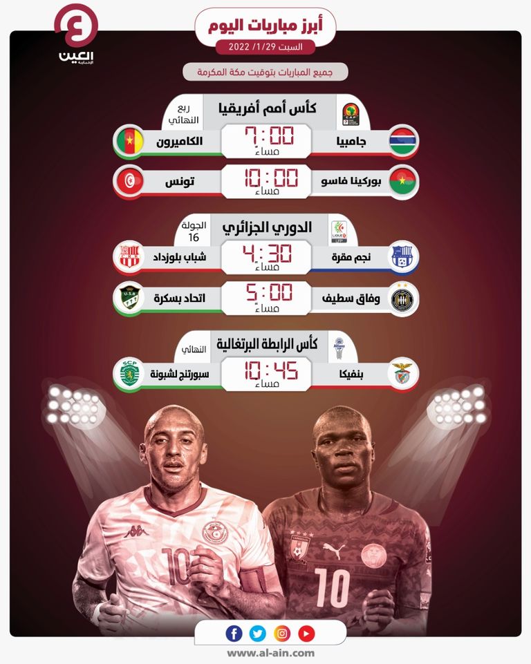 مواعيد مباريات اليوم السبت 29 يناير 2022 والقنوات الناقلة