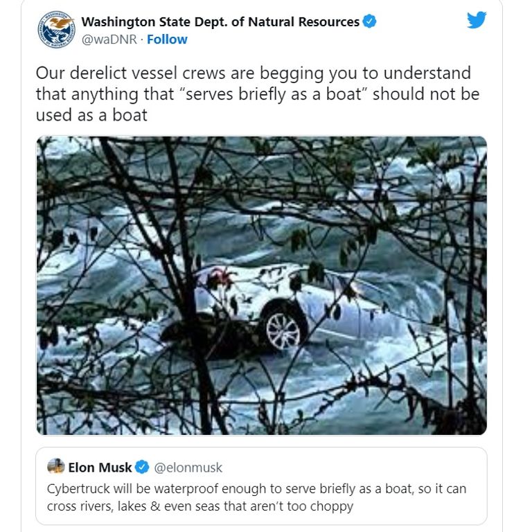 تغريدة ماسك ورد هيئة الموارد الطبيعية بواشنطن تسلا سايبر ترك