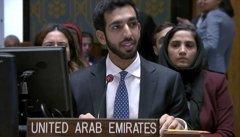 الشيخ شخبوط بن نهيان آل نهيان وزير الدولة الإماراتي خلال مشاركته بجلسة مجلس الأمن