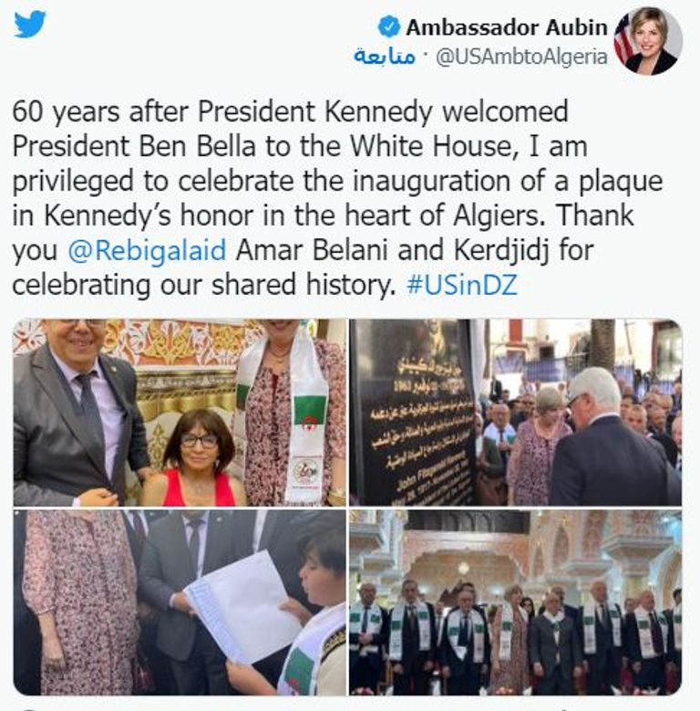 تغريدة السفيرة الأمريكية بالجزائر وزير المجاهدين الجزائري والسفيرة الأمريكية خلال تدشين اللوحة