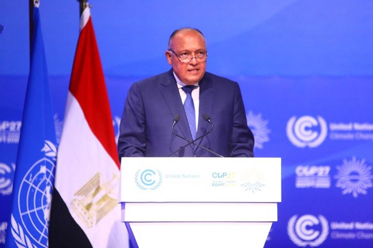 سامح شكري متحدثا في افتتاح مؤتمر الأمم المتحدة للمناخ سامح شكري وزير الخارجية المصري