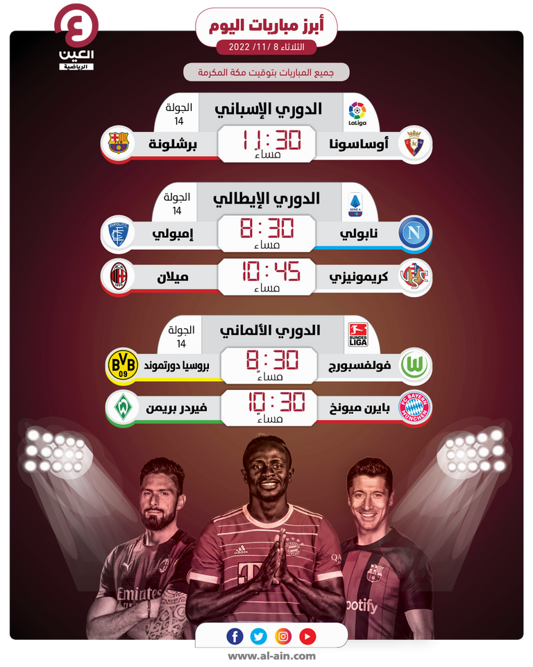 مباريات اليوم الثلاثاء 8 نوفمبر 2022 فريق برشلونة