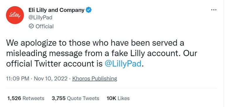 اعتذار شركة إيلي ليلي (Eli Lilly) الملياردير الأمريكي إيلون ماسك وشعار شركة تويتر