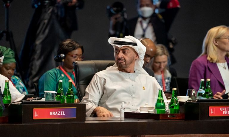 لقاء ودي للشيخ محمد بن زايد آل نهيان مع غوتيريش وماكرون