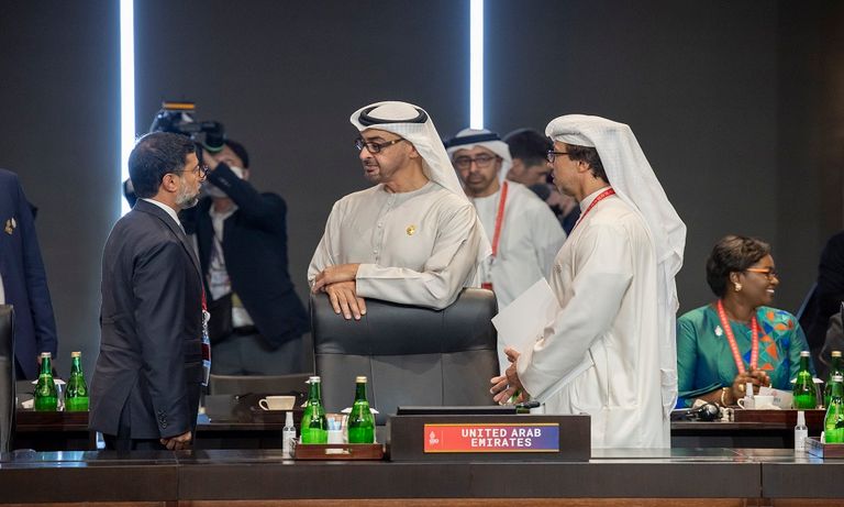 لقاء ودي للشيخ محمد بن زايد آل نهيان مع غوتيريش وماكرون