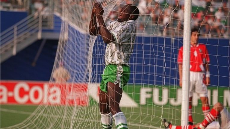 Nigeria celebrate their first World Cup victory over Bulgaria in 1994