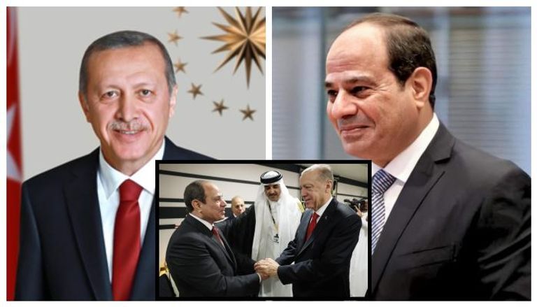 الرئيس المصري عبد الفتاح السيسي يصافح نظيره التركي رجب طيب أردوغان في قطر
