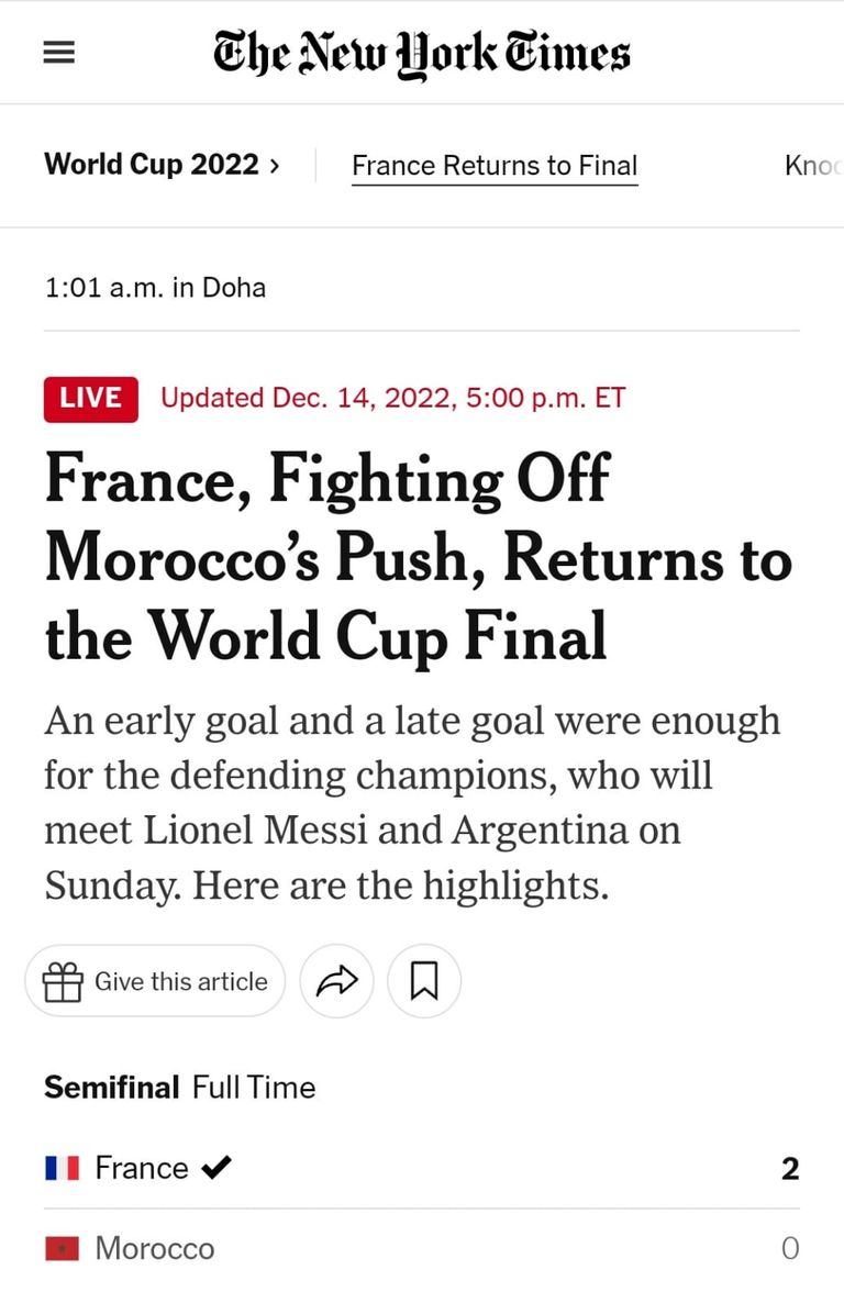 صحيفة "نيويورك تايمز" منتخب المغرب يودع حلم التتويج بكأس العالم