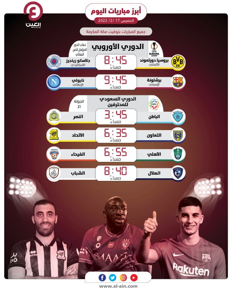 مواعيد مباريات اليوم الخميس 17 فبراير 2022