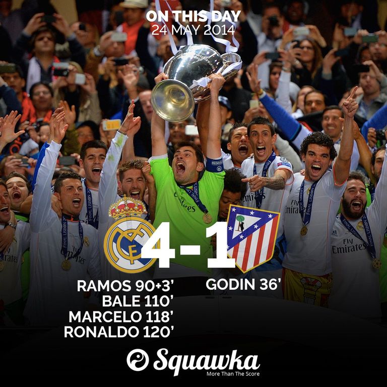 تفاصيل نهائي دوري أبطال أوروبا 2014 والذي توج خلاله ريال مدريد بالعاشرة على حساب أتلتيكو مدريد كريستيانو رونالدو أمام أتلتيكو مدريد
