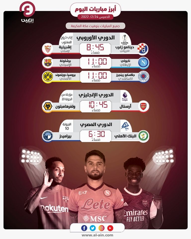 مواعيد مباريات اليوم الخميس 24 فبراير 2022 نابولي وبرشلونة في الدوري الأوروبي