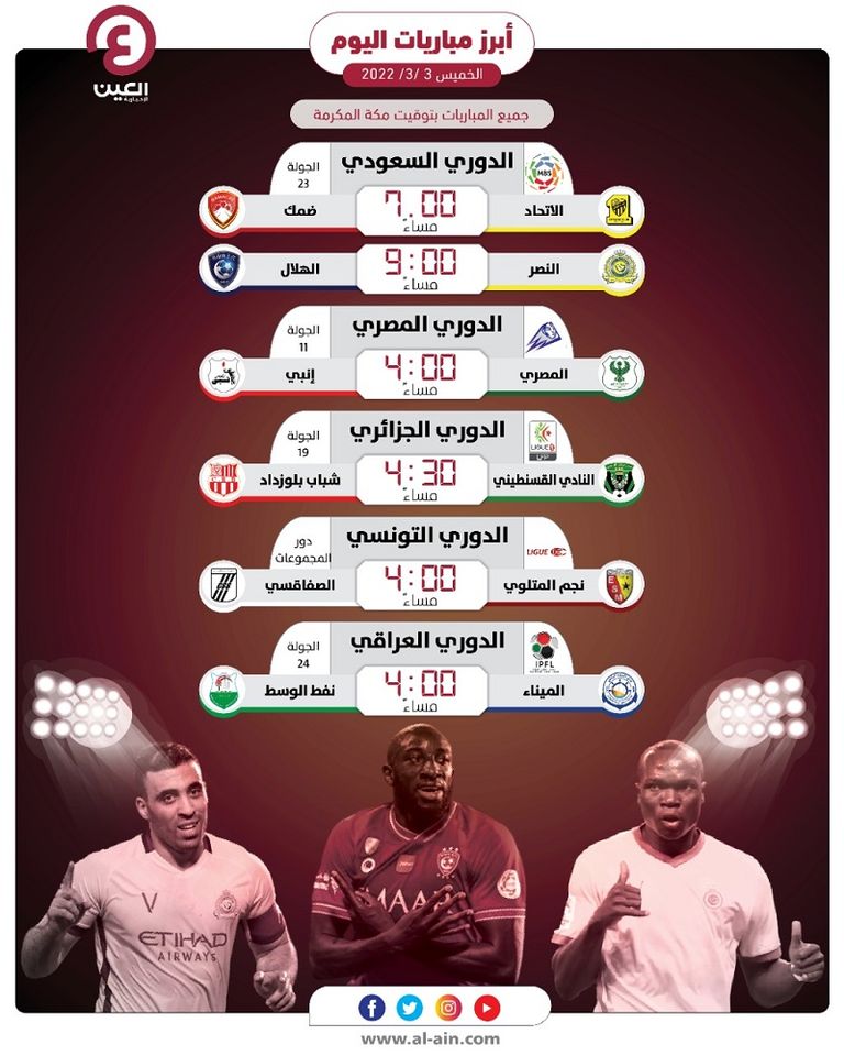 مواعيد مباريات اليوم الخميس 3 مارس 2022