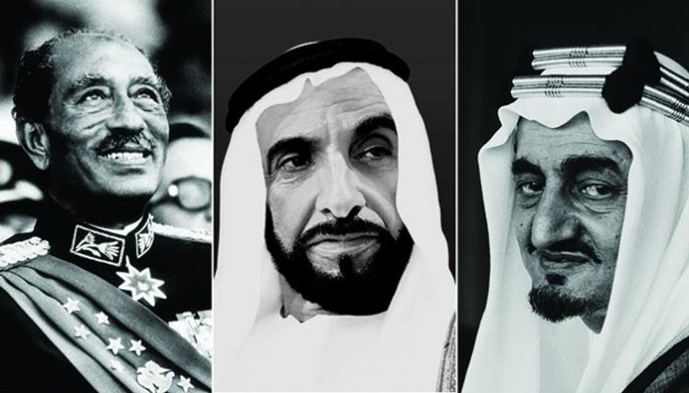 الملك فيصل بن عبدالعزيز والشيخ زايد بن سلطان آل نهيان والرئيس محمد أنور السادات صدمة النفط تعيد ذكريات حرب 1973