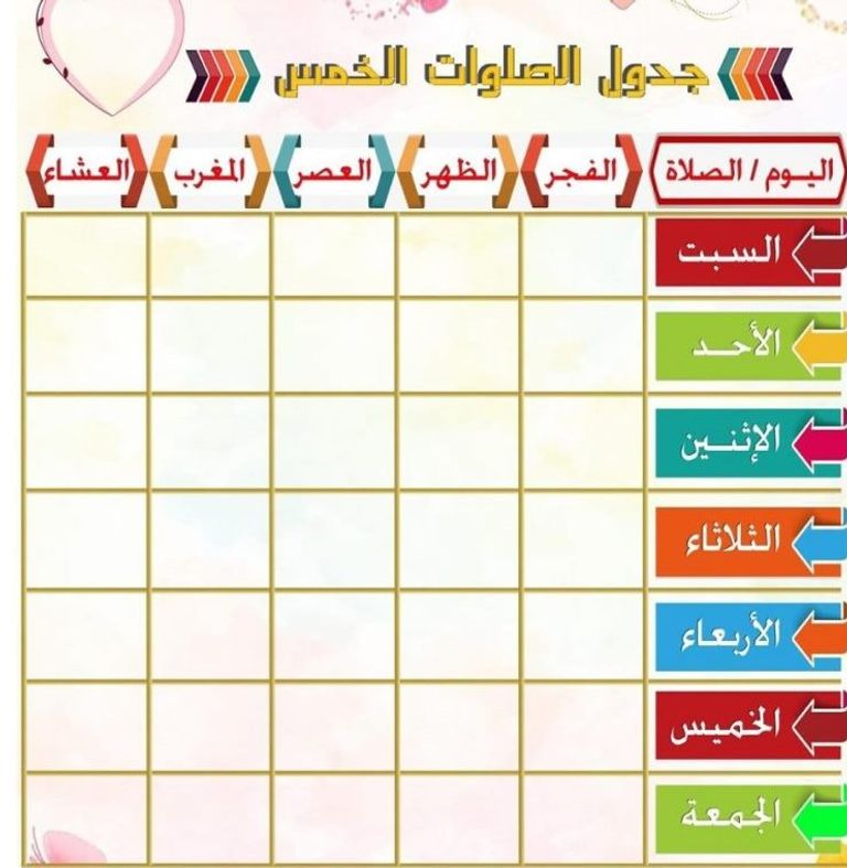 The schedule of the five daily prayers for children.