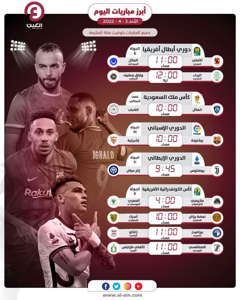 مواعيد مباريات اليوم الأحد 3 أبريل 2022 والقنوات الناقلة