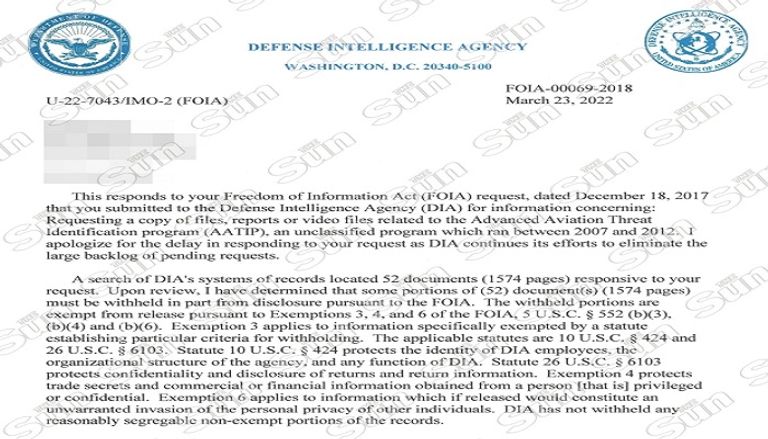 رسالة من وكالة استخبارات الدفاع تؤكد أنها تنشر 1574 صفحة من الملفات وزارة الدفاع الأمريكية -البنتاجون