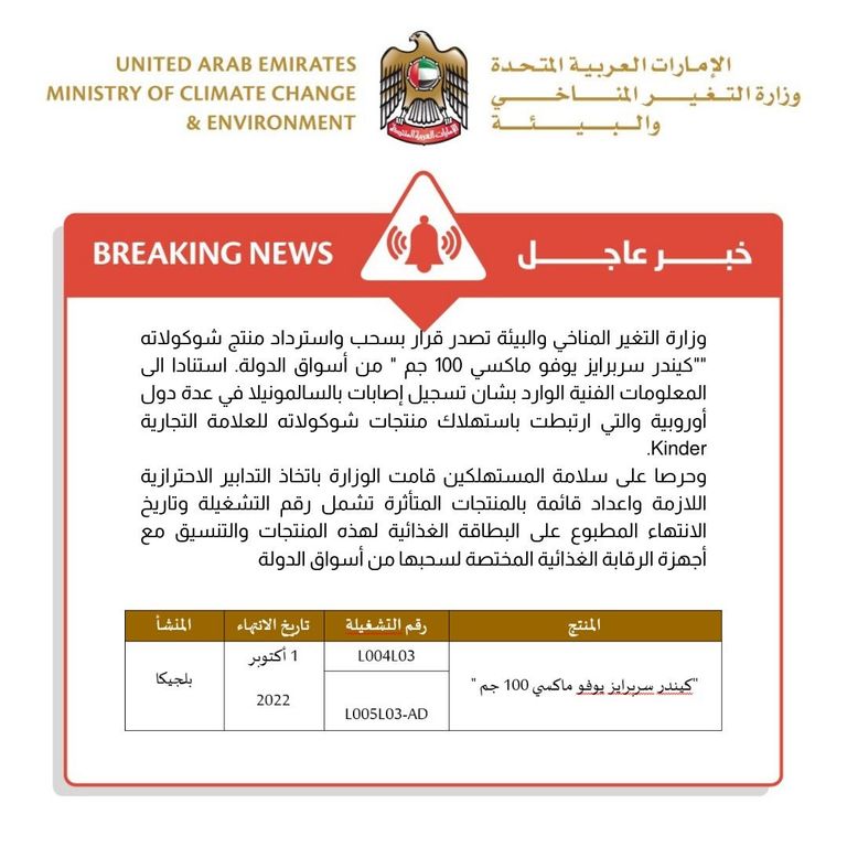قرار بسحب واسترداد شوكولاته "كيندر" من أسواق الإمارات قرار بسحب واسترداد شوكولاتة