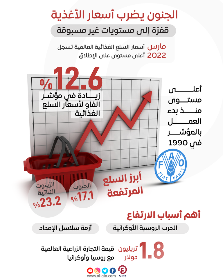 إنفوجراف "العين الإخبارية" يرصد تسجيل أسعار السلع الغذائية العالمية أعلى مستوى على الإطلاق قفزة عالمية في أسعار السلع الغذائية