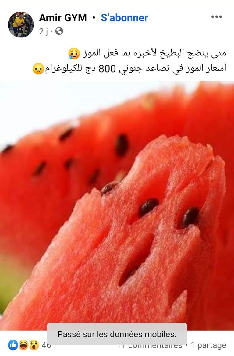 سخرية وغضب الجزائريين عبر منصات التواصل إحدى الصور الساخرة المنتشرة للتعبير عن ارتفاع سعر الموز بالجزائر