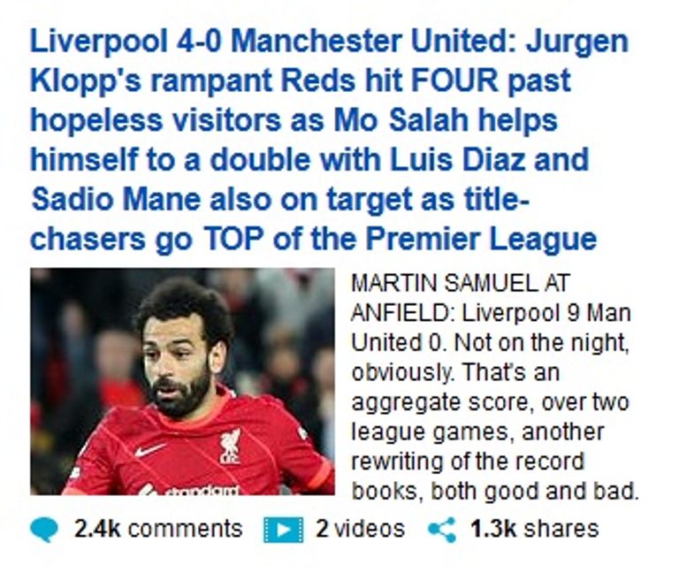 ديلي ميل تشيد بصلاح محمد صلاح مهاجم ليفربول