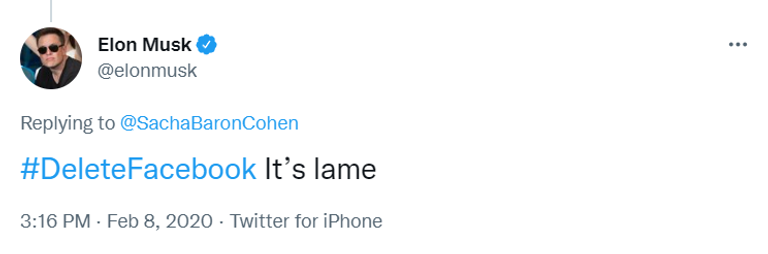 تغريدة حقيقية لإيلون ماسك دعا فيها متابعيه إلى حذف فيسبوك تغريدات ماسك الأخيرة احتوت على العديد من السخرية والانتقاد