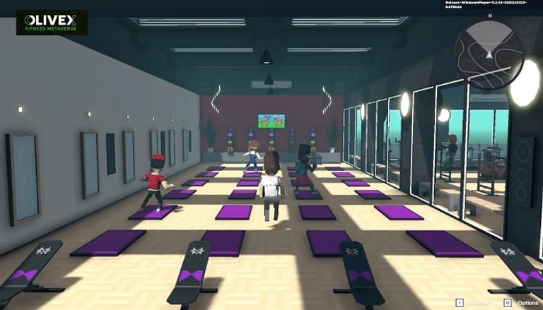 مشهد من لعبة OliveX Fitness Metaverse  شعار شركة OliveX