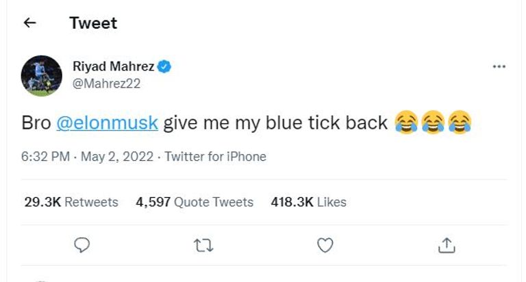 رياض محرز يستنجد بإيلون ماسك ضد إدارة تويتر نجم كرة القدم الجزائري رياض محرز