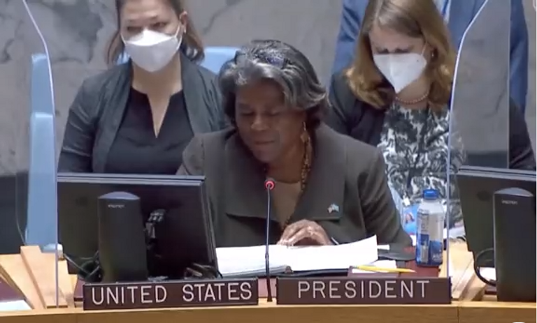 السفيرة ليندا توماس جرينفيلد مندوبة الولايات المتحدة لدى الأمم المتحدة جانب من وقفة مجلس الأمن حدادا على الشيخ خليفة بن زايد
