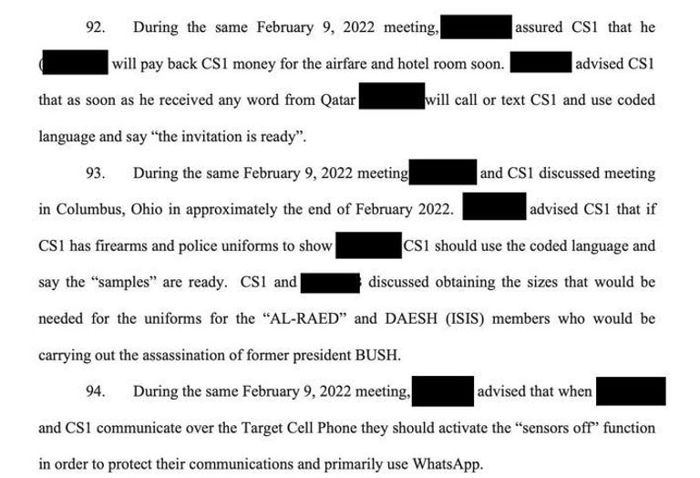 مقتطف من أمر التفتيش كشفته مجلة فوربس يشرح بالتفصيل محاولة اغتيال جورج دبليو بوش.  حيث تم حذف اسم المشتبه به