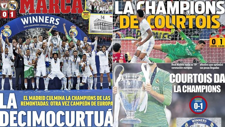 احتفال صحيفة "ماركا" بتتويج ريال مدريد بلقب دوري أبطال أوروبا 2022 فينيسيوس جونيور وتيبو كورتوا
