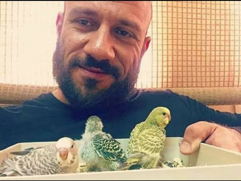 الفنان المصري أحمد مكي مع طائر يمتلكه