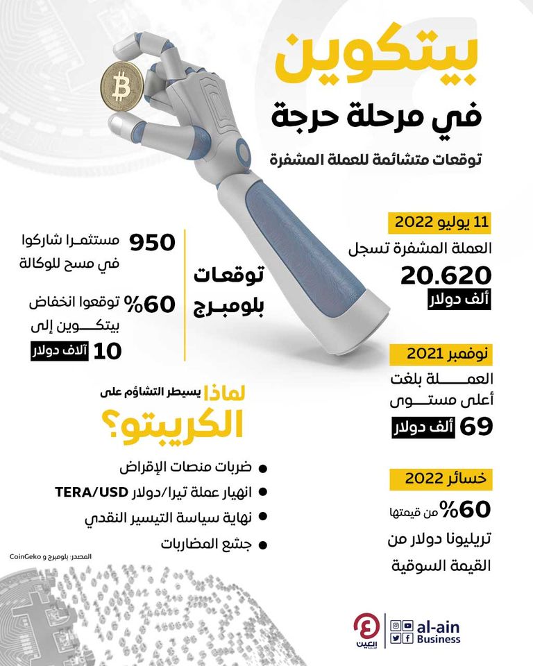 إنفوجراف "العين الإخبارية" يرصد توقعات بلومبرج بهبوط بيتكوين بشكل حاد خلال الأيام المقبلة